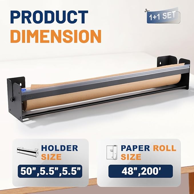 Perkhomy 48 Inch Paper Roll Dispenser and Cutter - Heavy-Duty Wall Mountable, Non Slip Tabletop - Kraft, Freezer, Butcher Paper - Up to 300ft Rolls (Black, 48 Inch)