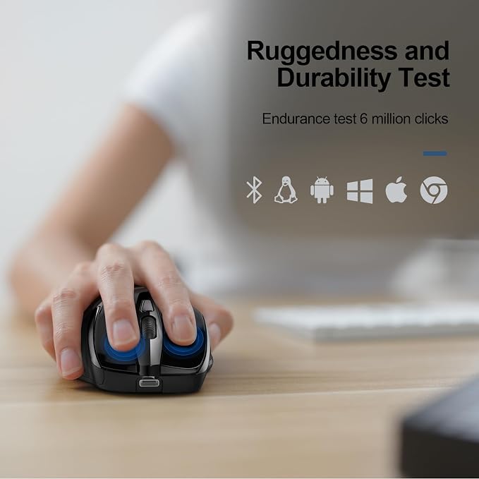 TECKNET Wireless Mouse, BT 5.0/2.4G, Rechargeable 6-DPI Silent, Black | Bluetooth 5.0/3.0 & USB A, 2-Device Easy Switch, Wide OS Compatible, 6 Buttons, 6-DPI up to 4800, Ergonomic for S to M Hands