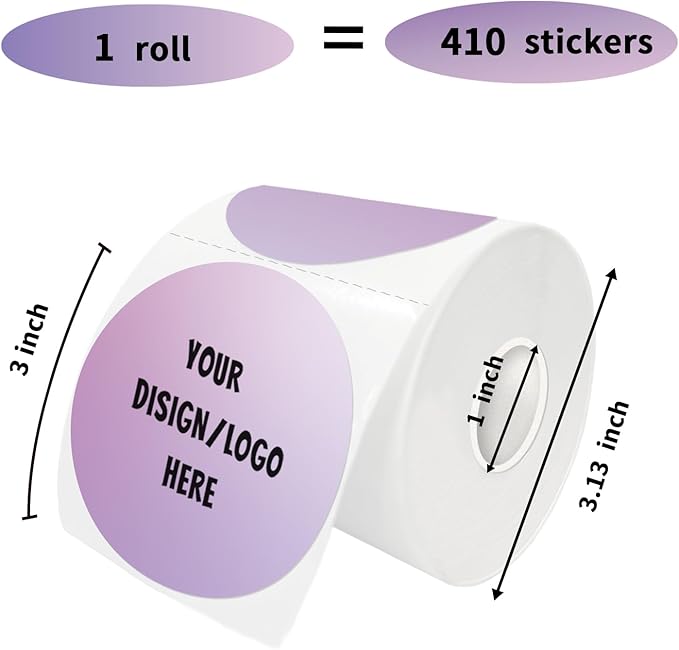 3 Inch Purple Round Thermal Sticker Labels, Self-Adhesive Circle Direct Thermal, Multi-Purpose Roll for DIY Logo Design, QR Code, Name Tag (410 Labels, 1 Roll)
