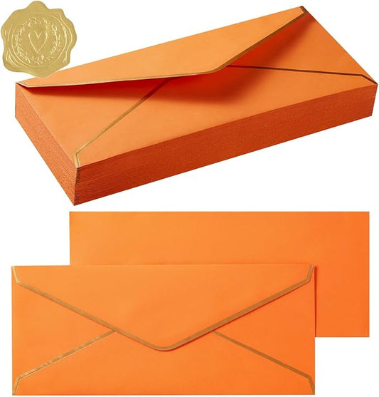 50 Pack #10 Business Envelopes, Dark Orange, 4 1/8 x 9 1/2 Inches | Gold Border, Self Seal Standard Envelopes with Gold Stickers for Office, Checks, Letter Mailing, Invoices