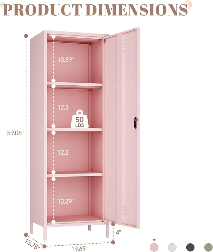 Metal Locker Storage Cabinets,59" H Pink Locking File Cabinets with 2 Doors and Shelves for Dining Room, Living Room,Bathroom Office,Home,Garage, Gym, School