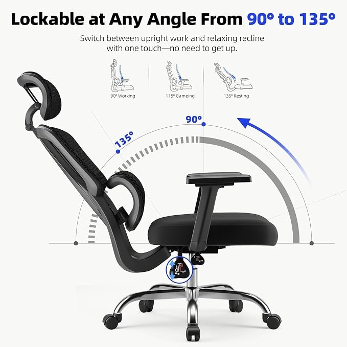 Office Chair Ergonomic Desk Chair Breathable Mesh Chair with Lumbar Support & Headrest, Black Office Chair 330 Lbs Home Computer Chair Thickened Cushion for Adults & Women (Small Chair)