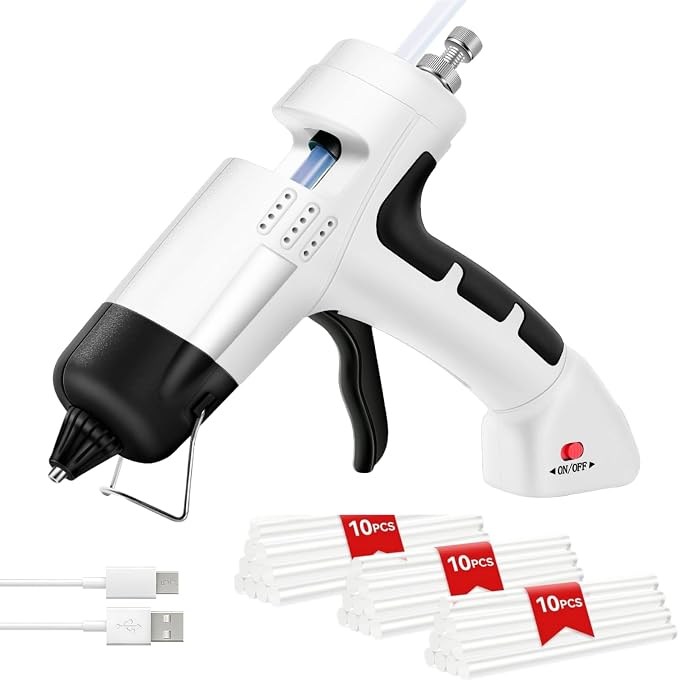 Cordless Hot Glue Gun Kit with 30 Sticks, Fast Heating 2.6Ah Rechargeable | 20W Anti-Drip Glue Gun and Sticks Set (0.27"×6") USB-C Rechargeable Mini Glue Gun Ideal for School Crafts DIY Making Repairs