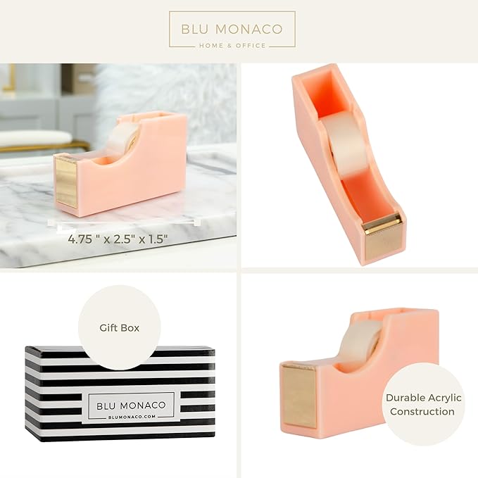 BLU MONACO | Acrylic Tape Cutter Dispenser for Desk | Cute Tape Dispenser Desk with Heavy Duty Base | Pastel Pink Desktop Tape Holder for Office Home
