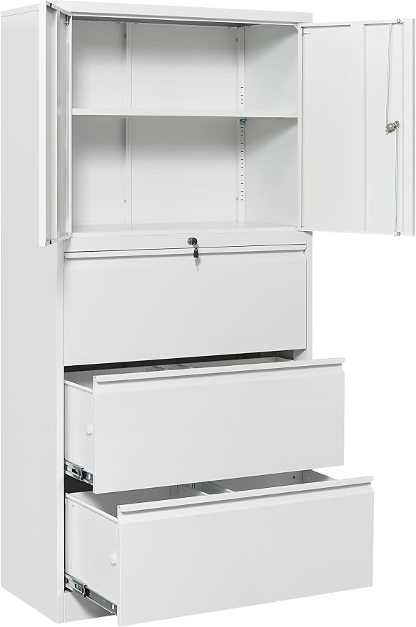 3 Drawer Lateral File Cabinet with Lock and Shelf,White Metal Filling Cabinet with Drawers and Shelf, Locking File Storage Cabinets with Doors and Shelves for Home,Office,Garage,School
