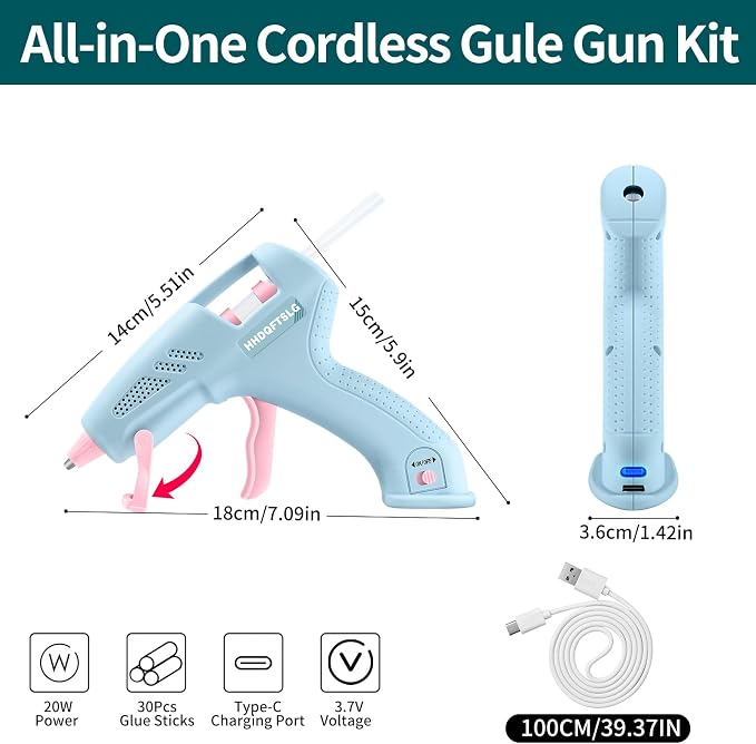 Cordless Hot Glue Gun Kit with 30 Sticks, Fast Heating 2.6Ah Rechargeable | 20W Anti-Drip Glue Gun and Sticks Set (0.27"×6") USB-C Rechargeable Mini Glue Gun Ideal for School Crafts DIY Making Repairs