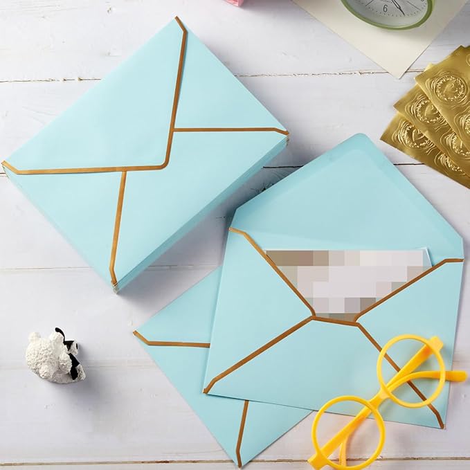 50 Pieces A7 Envelopes with Gold Border, 5.24 x 7.21 Inches Envelopes with Gold Stickers for Greeting Cards and Invitation (Light Blue, A7-5x7)