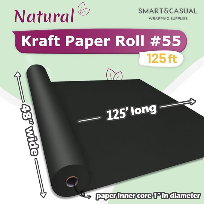 SMART&CASUAL 48" x 1,500" (125') Black Kraft Craft Paper Roll for Gift Wrapping Bulletin Board Bouquet Flower Kids Art Packing Parcel Table Covering 80GSM 55LB (Black, 48" x 125')