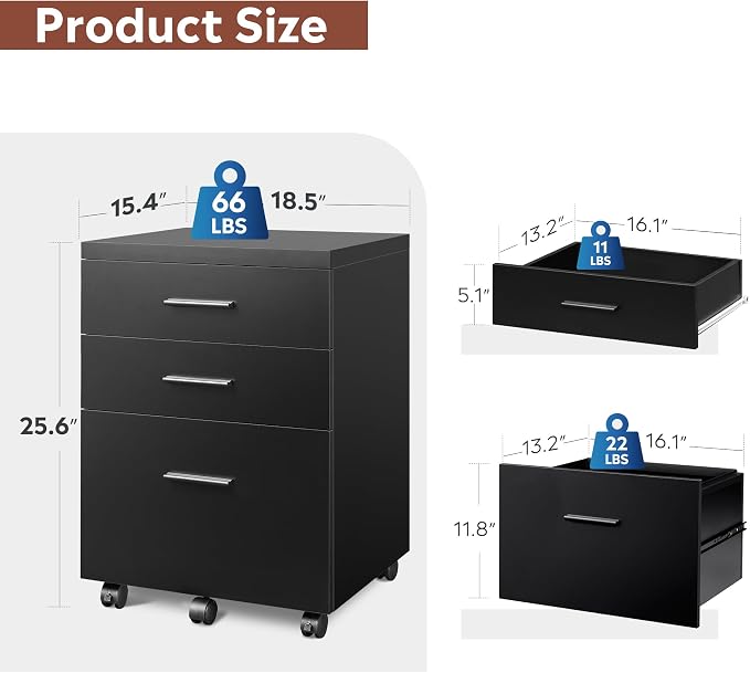 DEVAISE 3 Drawer File Cabinet, Wood Under Desk Filing Cabinet, Black | Rolling Printer Stand, Small Storage Cabinet with Wheels, Fits Legal/Letter/A4 Size, Home Office