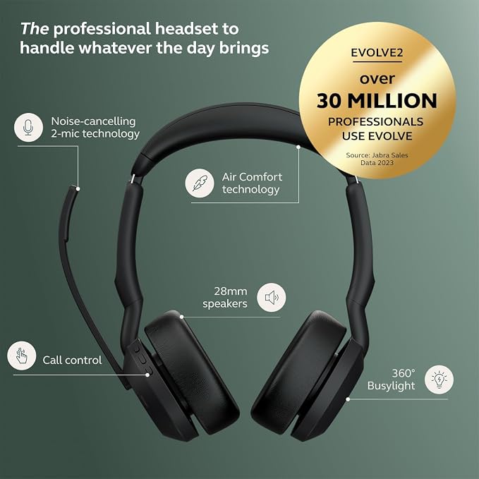 Jabra Evolve2 55 Stereo Wireless Headset - Features AirComfort Technology, Noise-Cancelling Mics & Active Noise Cancellation - Works with UC Platforms Such as Zoom & Google Meet - Black