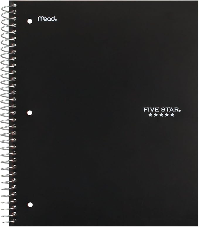 Five Star Spiral Notebook, 3 Subject, Wide Ruled, 8" x 10-1/2" | 150 Sheets | Black | Pack of 2 | Study App