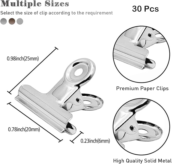 Bulldog Clips 0.86 Inch (20 mm) 30 PCS, Round Head Metal Bulldog Clips, 3 Colors (10 PCS Each), Heavy Duty Paper Clamps for Home School Office File Document Organizing Supplies