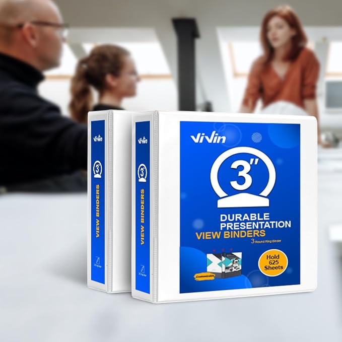 ViVin 3 Ring Binder 3 Inch, 10 Pack, White | Clear View Cover, Large 3" Round Ring for Strength, Holds 600 Sheets of US Letter Size Paper, Office Home School Use
