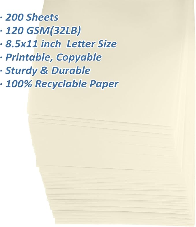 200 Sheets Ivory Printer Paper 8.5x11, 32 lb/120 gsm Stationery Paper, Cream Cardstock Paper Sheets for Printing, Copy, Crafts, Letters, Invitations, Laser & Inkjet Printer Compatible