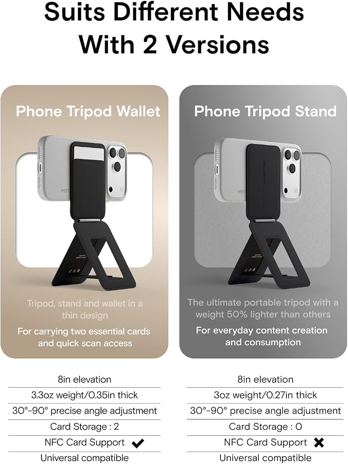 MOFT Phone Tripod Stand & Wallet, NFC Card Holder, Hold 1-2 Cards | Mulit-Angles | Portable l MOVAS Leather | Magsafe Compatible | Easy to Charge | Travel Essential |For Content Creators