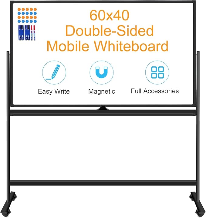 Double-Sided 5' x 3' Dry Erase Board with Stand, 60"x40" Large Magnetic Standing Easel Whiteboard Rolling Whiteboard on Wheels, with 2 Eraser, 6 Markers, 20 Magnets