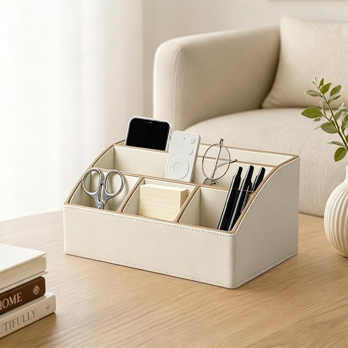TV Remote Control Holder,Mail Organizer Countertop,Office Supplies Storage | PU Leather Modern 5-Slot Bedside Table Desktop Caddy for Pen/Pencil, Eyewear, Makeup Brushes, Desk Accessories, Home Decor
