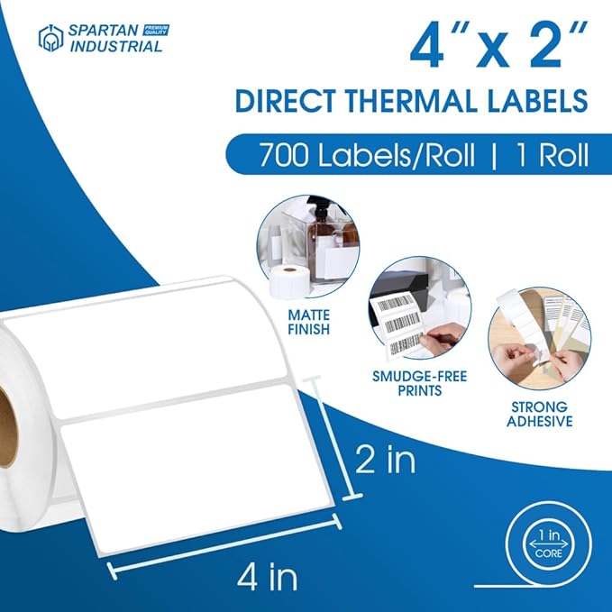 Spartan Industrial - 4" X 2" Direct Thermal Labels (700 Count, 1 Roll) - Inventory Barcode Stickers, SKU Labels, and Shipping Stickers - Compatible with Zebra and Rollo Printers