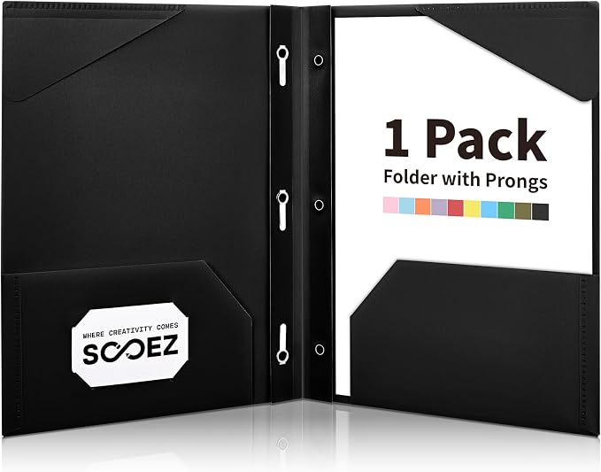 Sooez 1 Pack Plastic Folder, 2-Pocket Folders with Prongs | Fit Letter Size Paper, Sturdy 3 Prong File Folders for Documents, Folders with Pockets Back to School Supplies for Kids