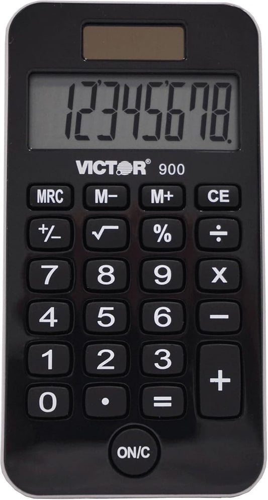 Victor 900 8-Digit Standard Function Calculator with Hard Protective Cover, Solar and Battery LCD Display, Small Pocket Calculator for Students and Professionals, Black, 0.3" x 2.5" x 4.3"