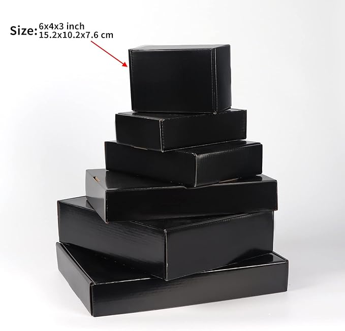 EXYGLO Shipping Cardboard Boxes for Small Business, Packing and Mailing, 6x4x3 - Pack of 25, Black