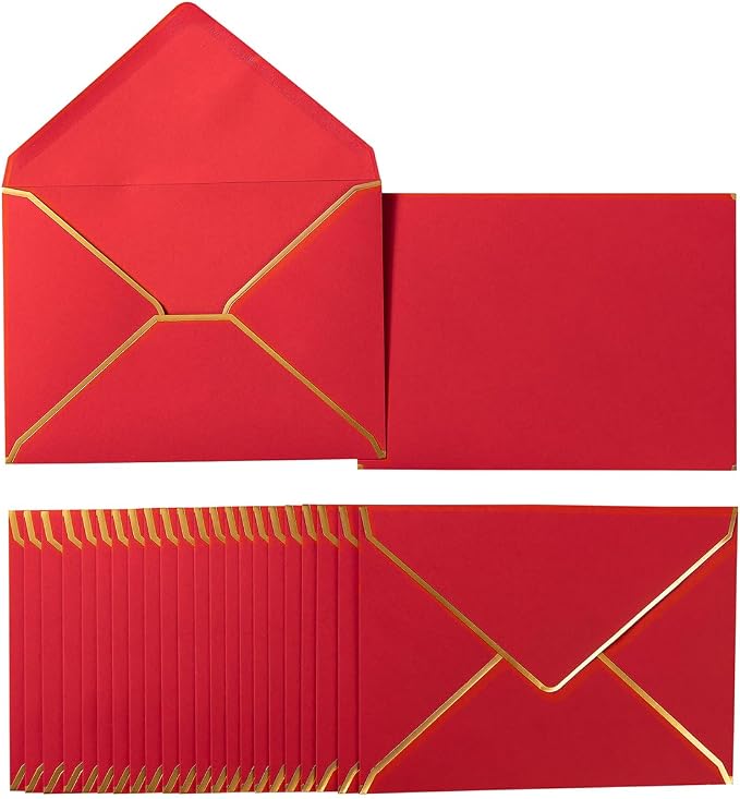 50 Pack A4 Envelopes Red 4x6 with Gold Border, 4.25x6.25 inches | Self-Adhesive, V Flap, For Wedding, Graduation, Baby Shower, Parties, Invitations