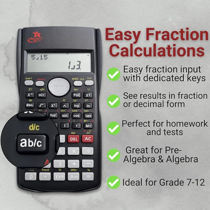 Fraction Calculator for School – SC-216 Scientific Calculator by Red Star Tec, with 4 Functions, SAT-Ready, 2-Line Display with Trigonometry, Algebra & Statistics, Non-Graphing Calculator
