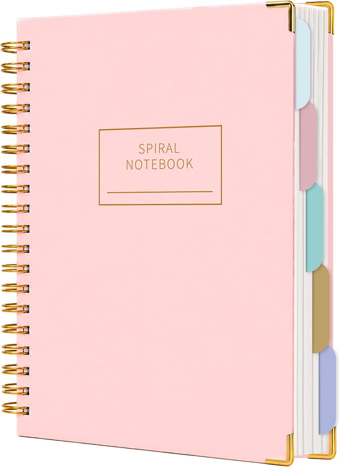 Yoment Hardcover Spiral Notebooks for Work 240 Pages Notebook with Dividers | Multi 5 Subject Notebook College Ruled with Tabs, B5 Lined Journals for Writing, Back to School, Gifts, Pink