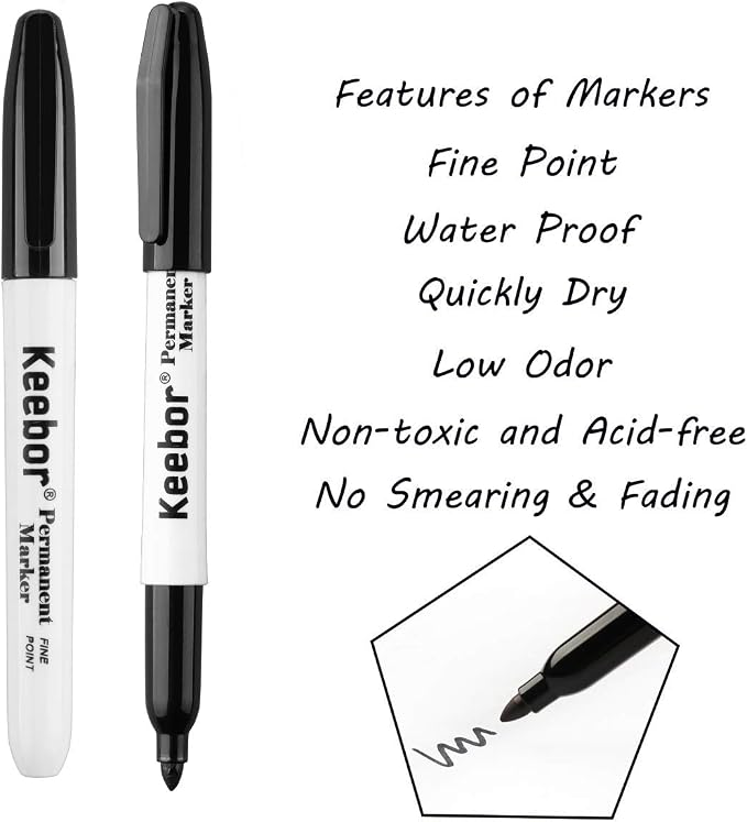 Keebor Permanent Markers Bulk, 60 Pack, Quick Drying & Fade Resistant | Fine Point Marker Set for Wood, Plastic, Paper, Metal