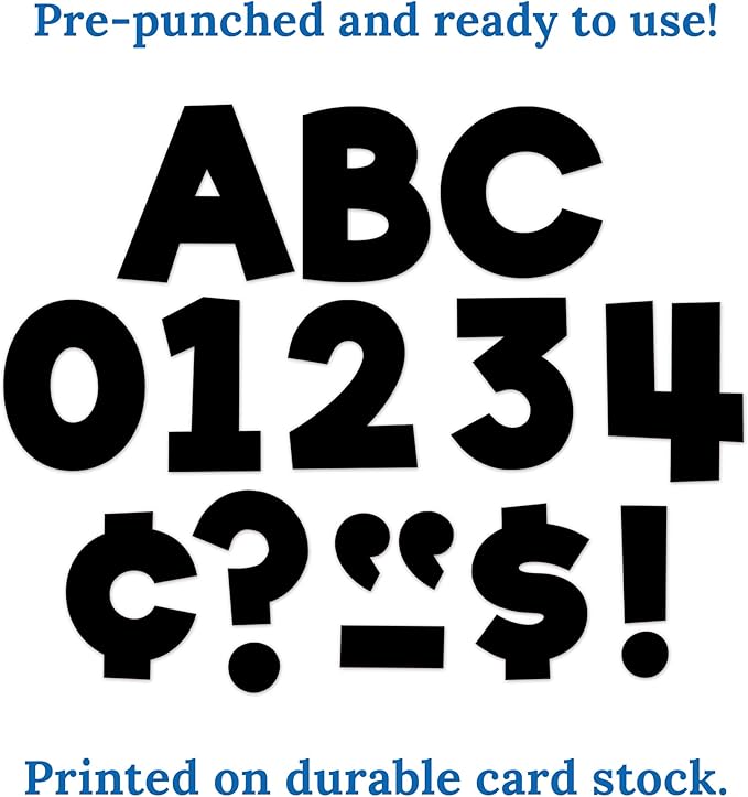 Carson Dellosa 219-Piece Black Cutout Letters, 4" Upper and Lowercase Alphabet, Numbers, Punctuation, and Symbols for Bulletin Board, Posterboard, Party, and Classroom Decor