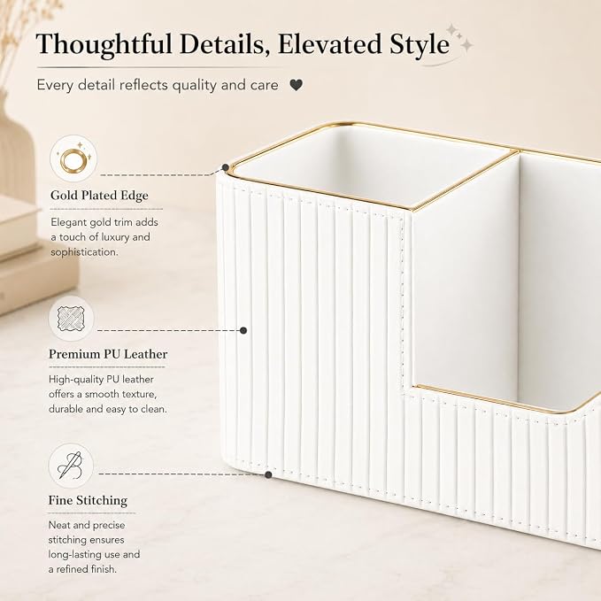 Luxury PU Leather Desk Organizer for Office Accessories, Aesthetic Pen Holder for Desk, Modern Desktop Storage Organizer for Home Office Supplies Cream White with Gold Trim