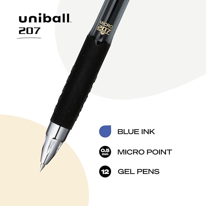 uniball 207 Retractable Gel Pens, Micro Point (0.5mm), Blue, 12 Pack