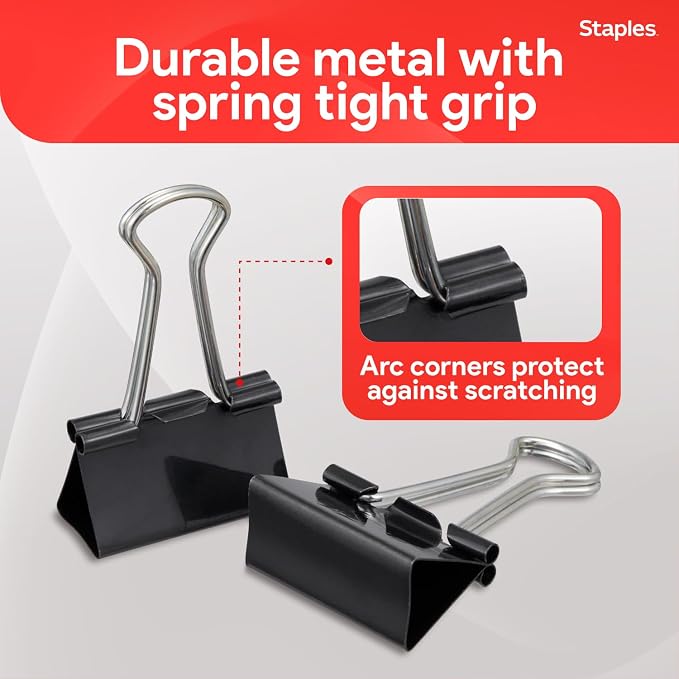 Staples Medium Binder Clips, 0.63 Inch Capacity, Black, 144 Clips/Pack | Secure paper organization for office, school, and home filing needs. Bulk pack of 144.