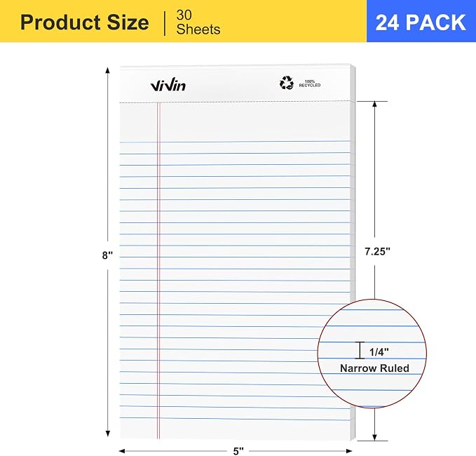 ViVin Legal Pads 5" x 8", 24 Pack, Narrow Ruled, 30 Sheets Per Note Pads | Perforated Writing Pad, Legal Pads Ideal for Home, Office, Business, White Paper