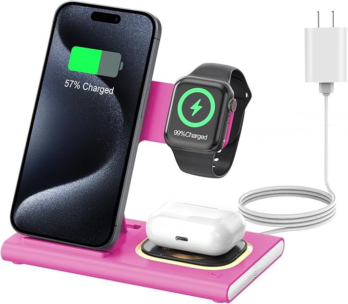3 in 1 Foldable Wireless Fast Charging Station for Apple Multiple Devices | iPhone Charging Station for iPhone 17, Travel iWatch Charger Stand, Light Nightstand Charging Dock for Apple Watch/Airpods