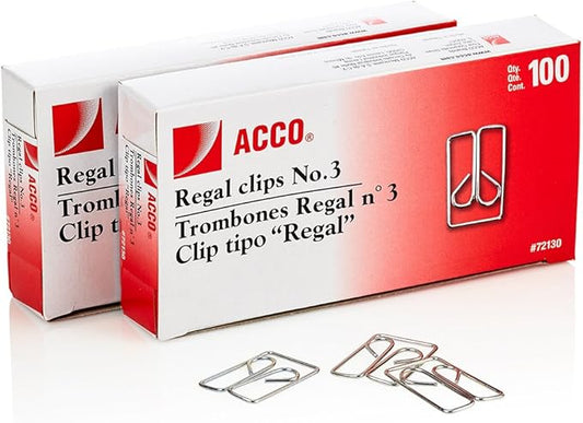 Acco Regal Paper Clips No 3, 100/Box, Silver, 2/Pack (ACC72152)