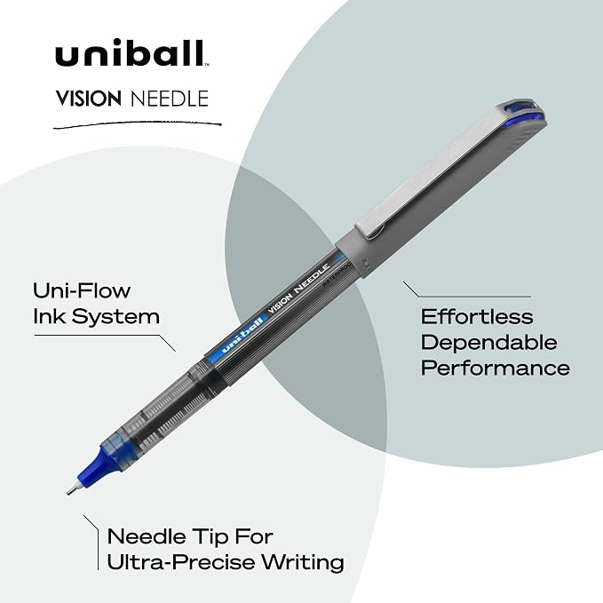 uni-ball uniball Vision Needle Rollerball Pens with 0.7mm Fine Point, Blue, 12 Count