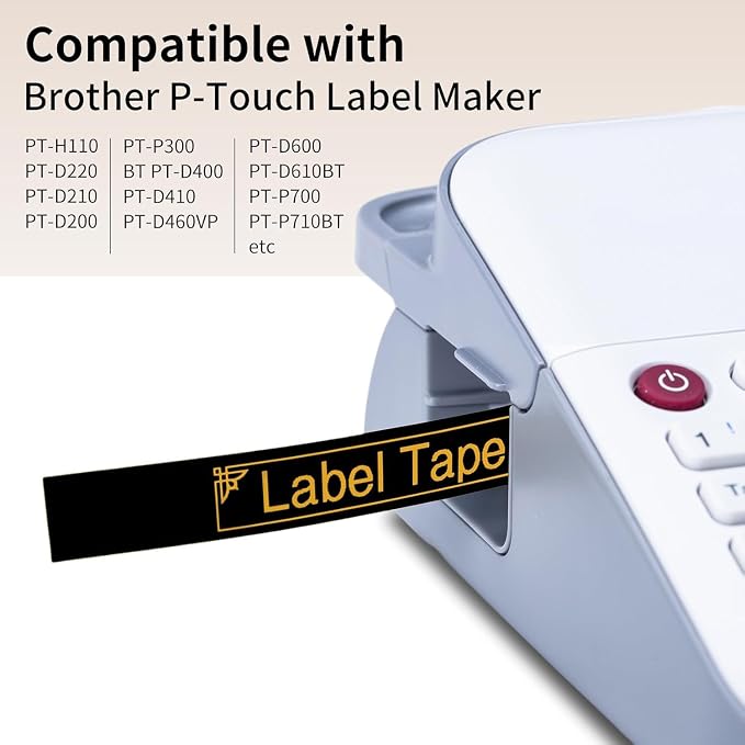 Replacement for Brother P Touch Label Maker Tape Gold on Black 12mm 0.47" | TZe-334 TZe334 TZe TZ Label Tape Gold Compatible with Brother PT-D220 PT-H110 PT-D210 PT-D400 PT-P710BT PT-D200, 5-Pack