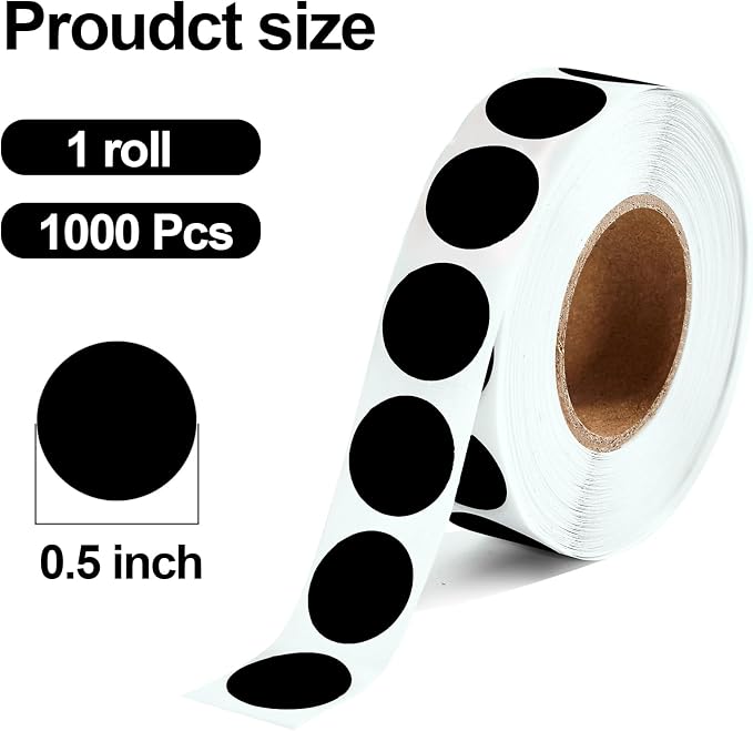 1000 Pcs Black Round Stickers 1/2 Inch Color Circle Dot Stickers Small Code Labels for Office Shop Yard Sale Home Classroom Marking (Black)