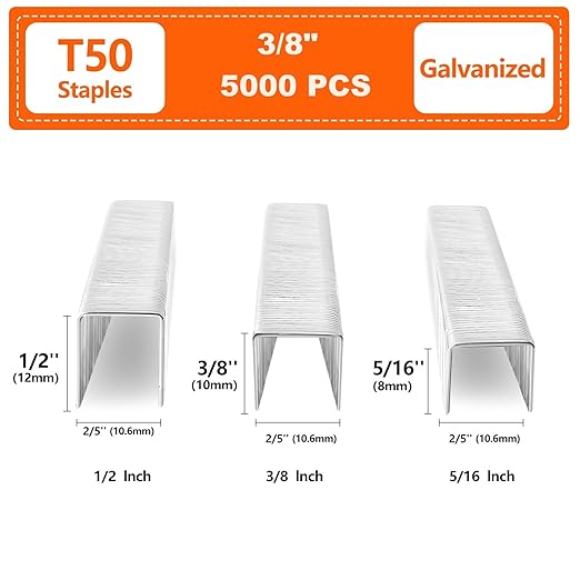 Heavy Duty T50 Staple 3/8" Length, 3/8" Crown 5000-Count, 20 Gauge Galvanized, for Pneumatic, Electric, Manual T50 Stapler Gun