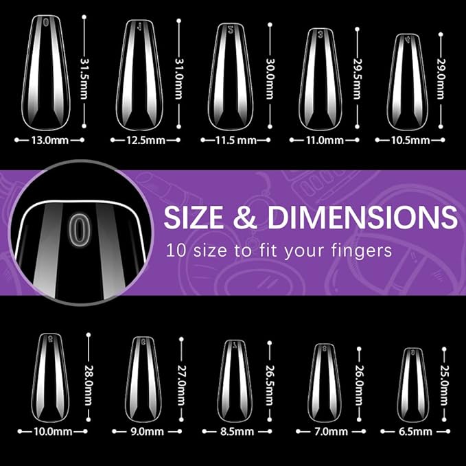 Long Fake Nails - Clear Acrylic Coffin Shaped Ballerina Nails Tips BTArtbox 500pcs Full Cover False Artificial Nails with Case for Salons and DIY Nail Art, 10 Sizes