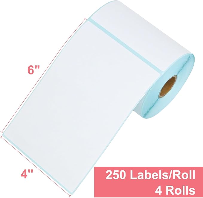 L LIKED 4"x6" Direct Thermal Labels, 1000 PCS White Perforated & Strong Adhesive Shipping Labels, 250 Labels per Roll, for Address Barcode Mailing (4 Rolls) (Pack of 2)