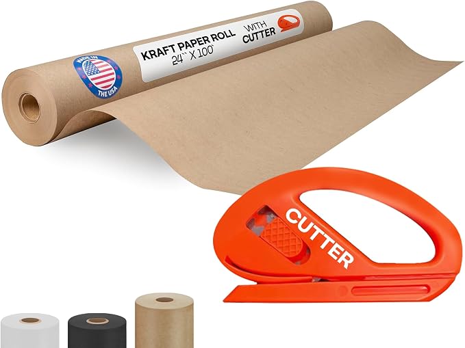 Brown Paper Roll 24" x 1200" (100 feet) with Cutter - USA-Made | Wrapping Kraft Paper for Packing, Moving, Shipping & Crafts/Arts - 100% Recyclable Natural Craft Material by IDL Packaging
