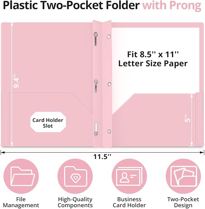 Taja Plastic Folders with Pockets and Prongs (6 Pack, Pink), 2-Pocket Poly Folders with 3 Hole Punch and Business Card Slot, Fits Letter Size Paper, for School, Office, or Home Use