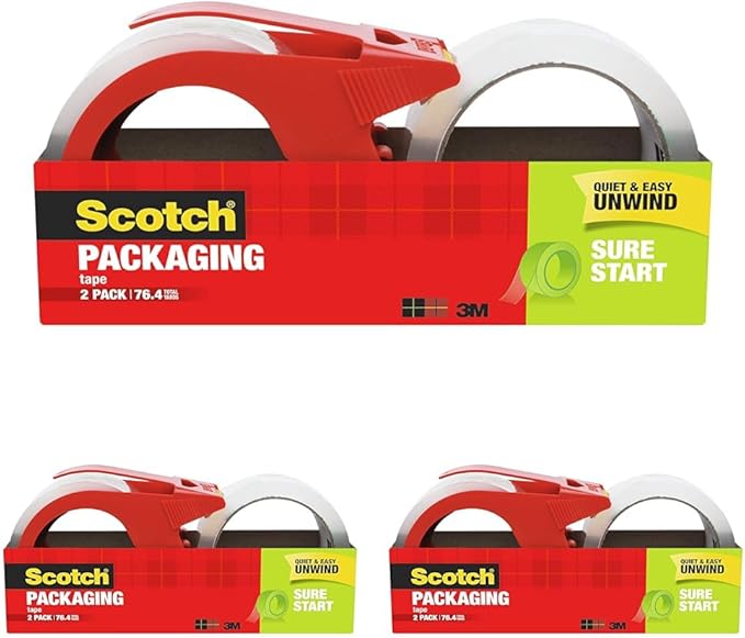 Scotch Sure Start Packaging Tape, 1.88 x 38.2 yd, Designed for Packing, Shipping and Mailing, Smooth and Quiet Unwind, 3" Core, Clear, 2 Rolls w/1 Dispenser (3450S-2-1RD) (Pack of 3)