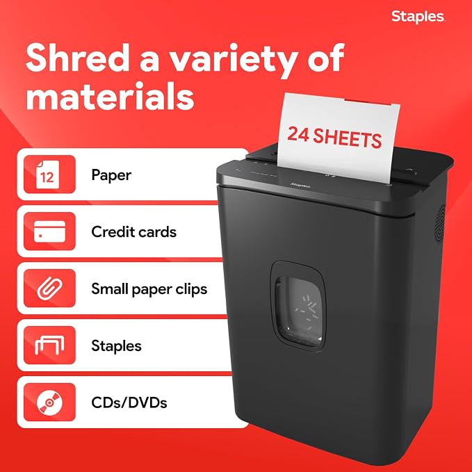 Staples 24-Sheet Cross-Cut Paper Shredder, High-Capacity, Black | Shreds paper, credit cards, and CDs into a 7.4-gallon bin for office use.