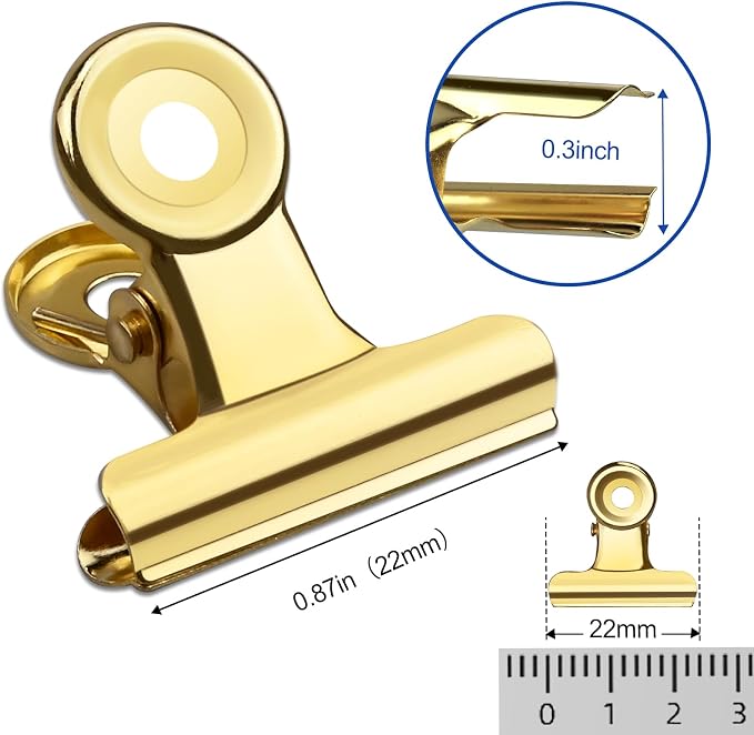 30 Pack Small Bull Clips 0.87 Inch Mini Metal Hinge Clips Binder Paper Hinge Clip for Office, Home, School, Shops, Gold, 22mm