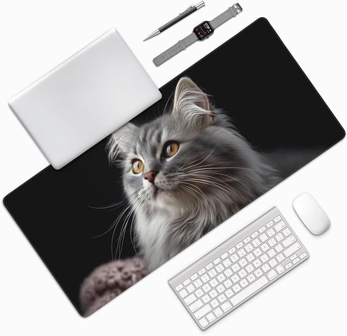 XXL Gaming Mouse Pad 35.4x15.7 Inch, Large Extended Desk Mat | Mousepad with Cat Design, Non-Slip Rubber Base, Water-Resistant Surface and Stitched Edges for Gaming, Office & Home