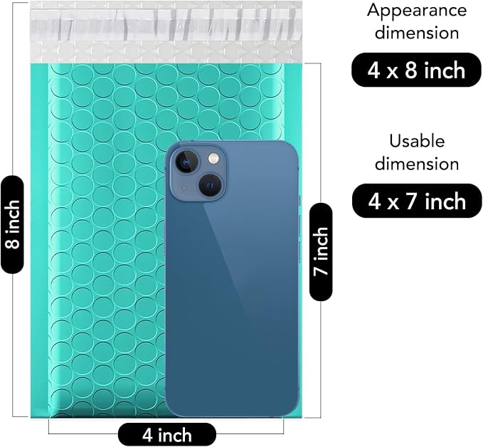 Fuxury Small Bubble Mailers 4x8" 100 Pack Padded Envelopes Usable Size 4x7" | Self Seal Mailing Envelopes Bubble Padded, Teal Bubble Envelopes for Trading Cards,Jewelry,Makeup& Small Business,#000