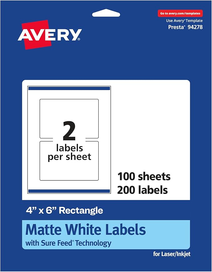 Avery Matte White Rectangle Labels, Sure Feed Technology, 4" x 6", 200 White Labels, Print-to-The-Edge, Permanent Adhesive, Laser/Inkjet Printable